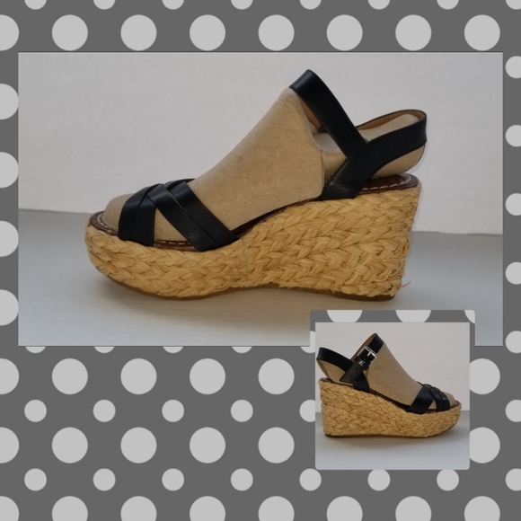 Sam Edelman Black and Beige Espadrille Platform Wedge Sandals